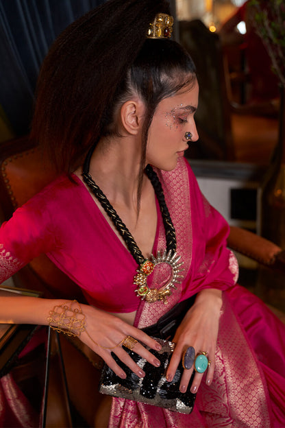 Evocative Dark Pink Soft Banarasi Silk Saree With Quintessential Blouse Piece