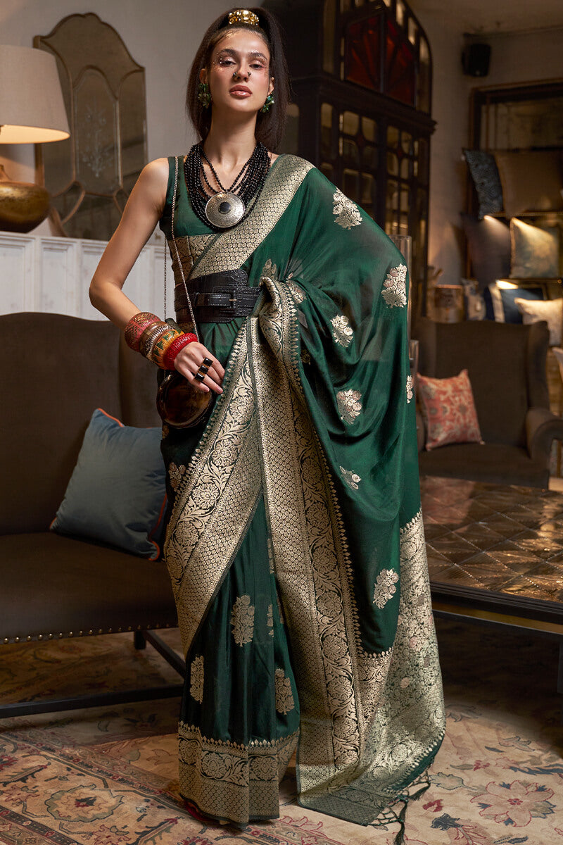 Epiphany Dark Green Soft Banarasi Silk Saree With Serendipity Blouse Piece