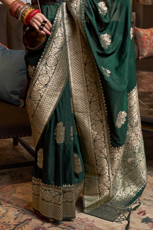 Dark Green Banarasi Silk Saree With Unstitched Blouse Material