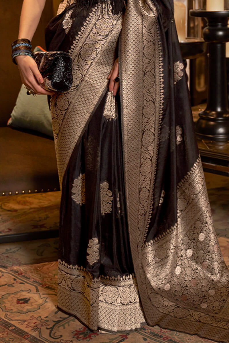 Splendiferous Black Soft Banarasi Silk Saree With Prodigal Blouse Piece