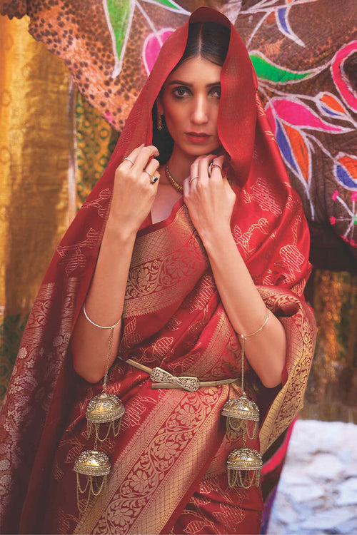 Load image into Gallery viewer, Denouement Red Soft Banarasi Silk Saree With Snappy Blouse Piece
