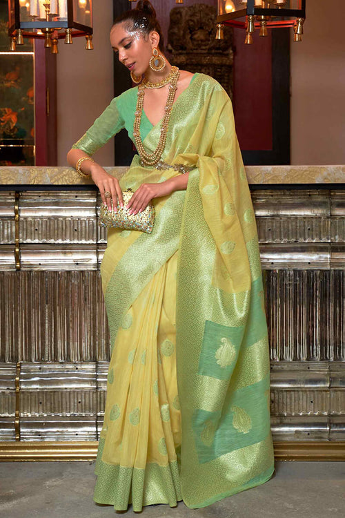 Load image into Gallery viewer, Susurrous Yellow Cotton Silk Saree With Quintessential Blouse Piece
