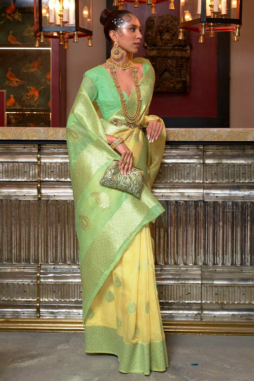 Load image into Gallery viewer, Susurrous Yellow Cotton Silk Saree With Quintessential Blouse Piece
