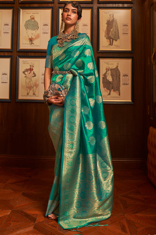 Load image into Gallery viewer, Pleasant Rama Kanjivaram Silk Saree With Ravishing Blouse Piece
