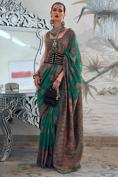 Stylish Dark Green Pashmina saree With Extraordinary Blouse Piece
