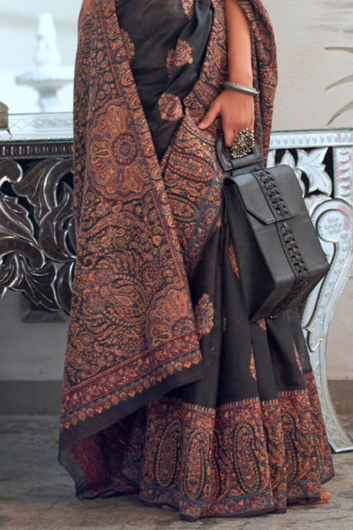 Load image into Gallery viewer, Pretty Black Pashmina saree With Elegant Blouse Piece
