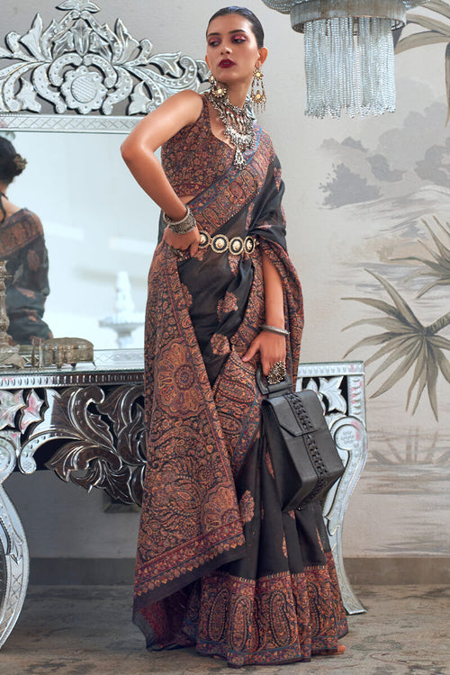 Load image into Gallery viewer, Pretty Black Pashmina saree With Elegant Blouse Piece
