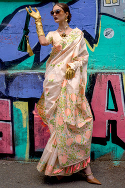 Engaging Beige Parsi Handloom Woven Banarasi Silk Saree With Blouse Piece
