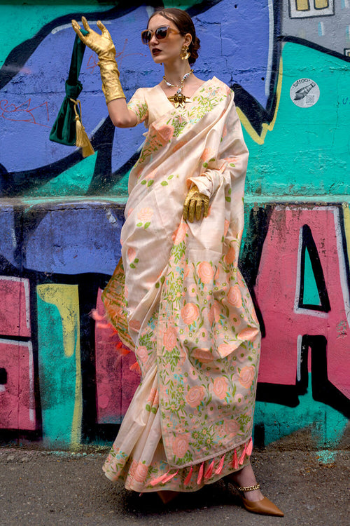 Load image into Gallery viewer, Engaging Beige Parsi Handloom Woven Banarasi Silk Saree With Blouse Piece
