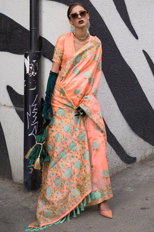 Load image into Gallery viewer, Imaginative Orange Parsi Handloom Woven Banarasi Silk Saree With Blouse Piece
