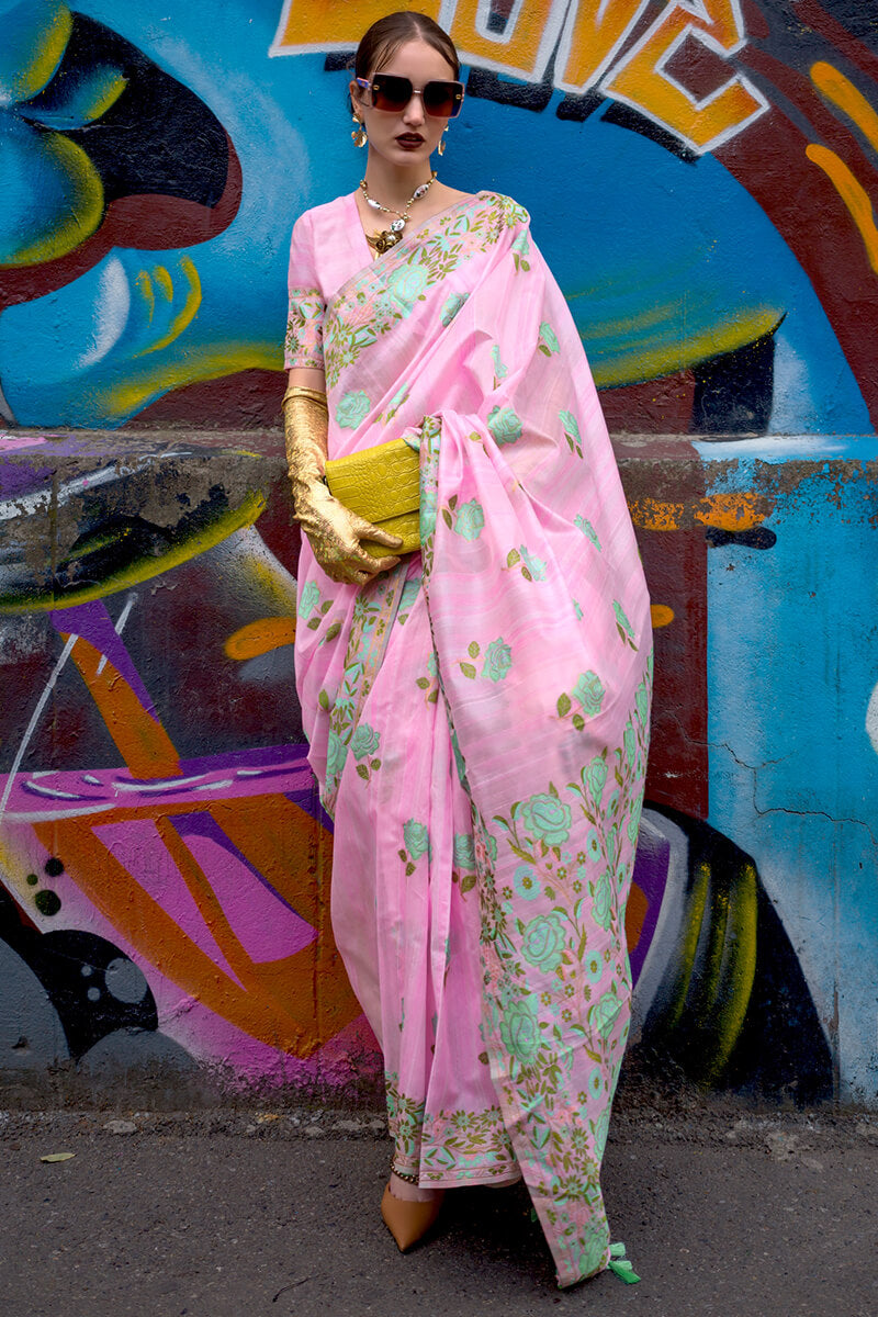 Quintessential Pink Parsi Handloom Woven Banarasi Silk Saree With Blouse Piece