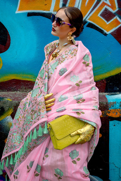Quintessential Pink Parsi Handloom Woven Banarasi Silk Saree With Blouse Piece