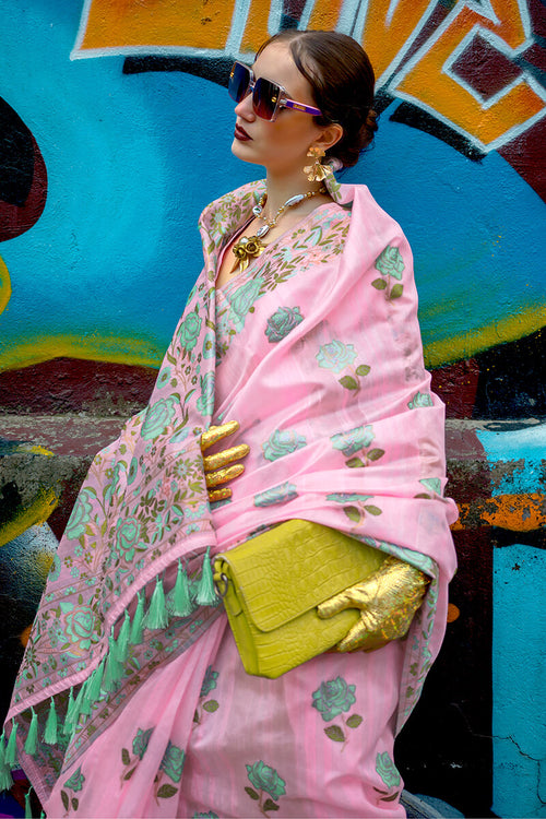 Load image into Gallery viewer, Quintessential Pink Parsi Handloom Woven Banarasi Silk Saree With Blouse Piece
