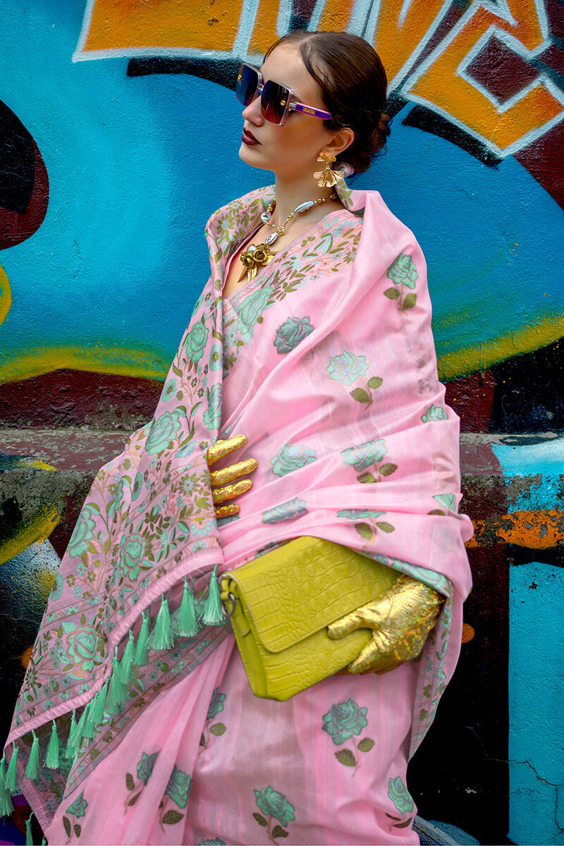 Quintessential Pink Parsi Handloom Woven Banarasi Silk Saree With Blouse Piece