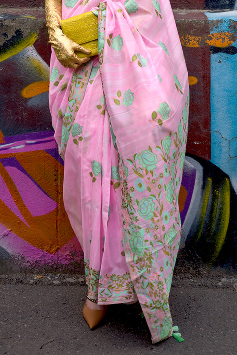 Quintessential Pink Parsi Handloom Woven Banarasi Silk Saree With Blouse Piece