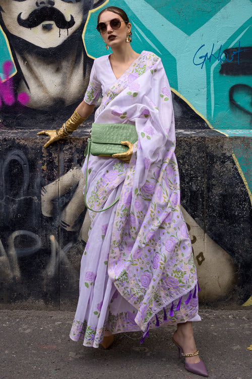 Load image into Gallery viewer, Adoring Lavender Parsi Handloom Woven Banarasi Silk Saree With Blouse Piece
