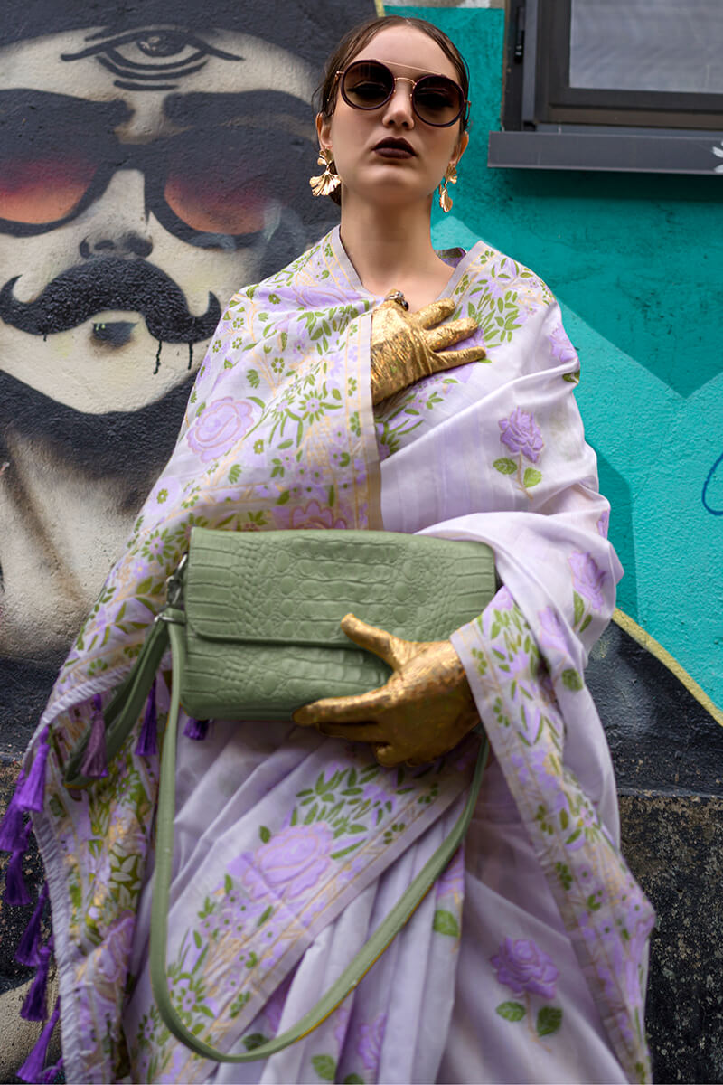 Adoring Lavender Parsi Handloom Woven Banarasi Silk Saree With Blouse Piece