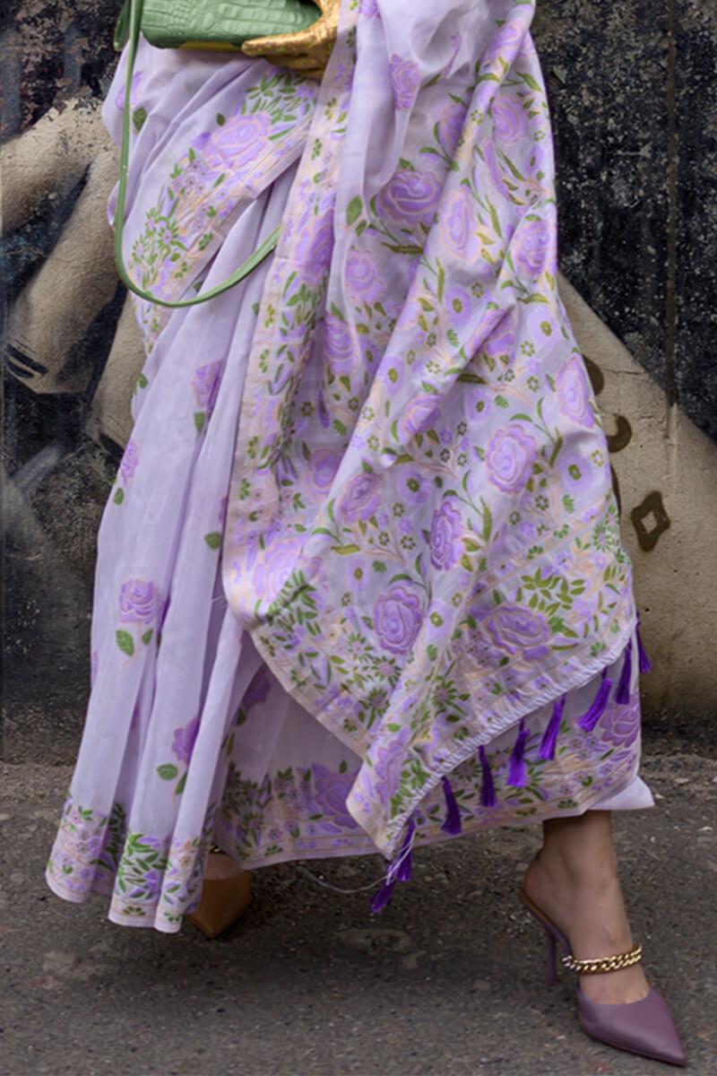 Adoring Lavender Parsi Handloom Woven Banarasi Silk Saree With Blouse Piece