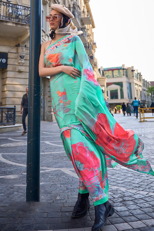 Load image into Gallery viewer, Charming Sea Green Digital Printed Satin Silk Saree With Jazzy Blouse Piece
