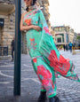 Charming Sea Green Digital Printed Satin Silk Saree With Jazzy Blouse Piece