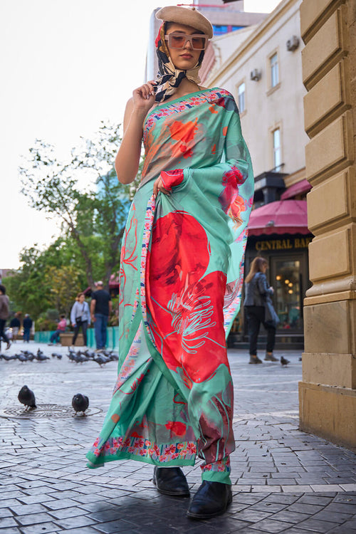 Load image into Gallery viewer, Charming Sea Green Digital Printed Satin Silk Saree With Jazzy Blouse Piece
