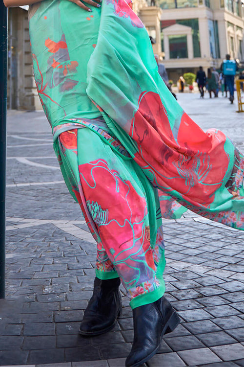 Load image into Gallery viewer, Charming Sea Green Digital Printed Satin Silk Saree With Jazzy Blouse Piece
