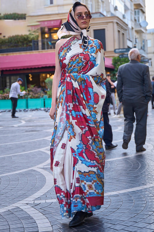 Load image into Gallery viewer, Gossamer Off White Digital Printed Satin Silk Saree With Lagniappe Blouse Piece
