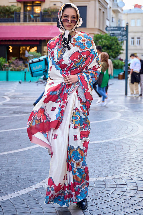 Load image into Gallery viewer, Gossamer Off White Digital Printed Satin Silk Saree With Lagniappe Blouse Piece
