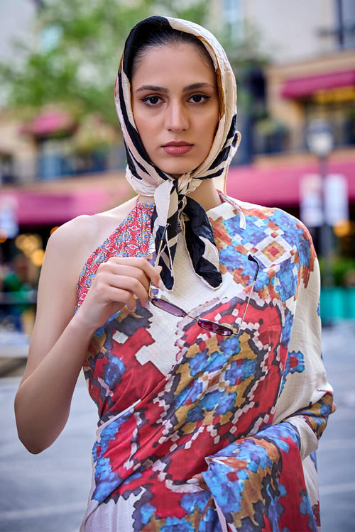 Load image into Gallery viewer, Gossamer Off White Digital Printed Satin Silk Saree With Lagniappe Blouse Piece
