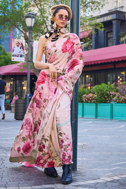 Load image into Gallery viewer, Engaging Beige Digital Printed Satin Silk Saree With Symmetrical Blouse Piece
