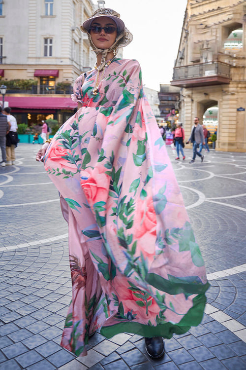 Load image into Gallery viewer, Effervescent Pink Digital Printed Satin Silk Saree With Conflate Blouse Piece
