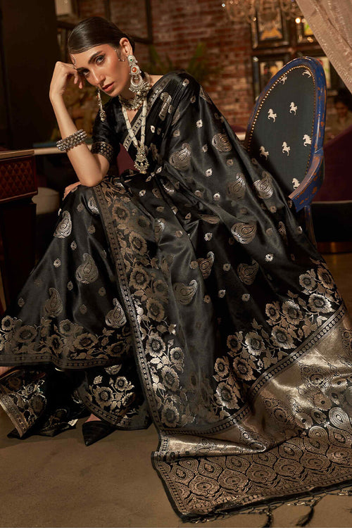 Load image into Gallery viewer, Stunner Black Soft Banarasi Silk Saree With Divine Blouse Piece
