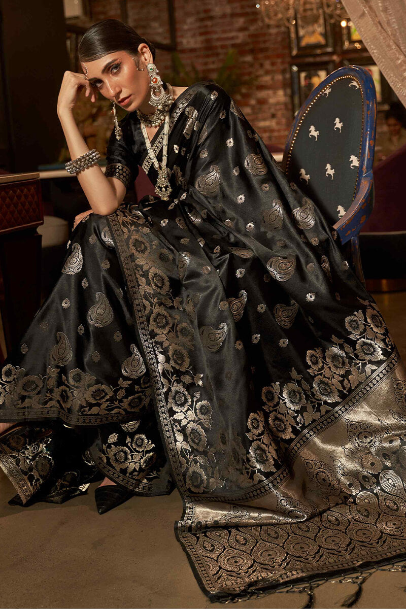 Stunner Black Soft Banarasi Silk Saree With Divine Blouse Piece