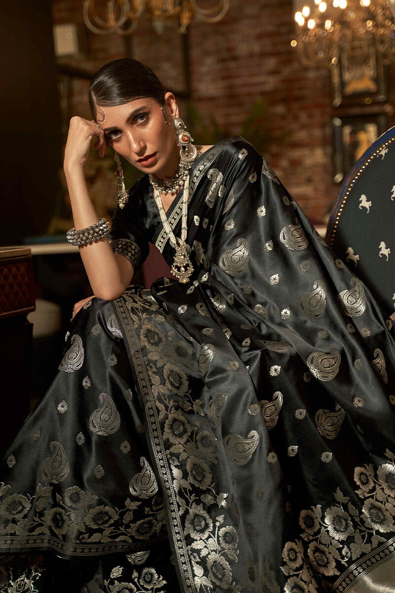 Stunner Black Soft Banarasi Silk Saree With Divine Blouse Piece