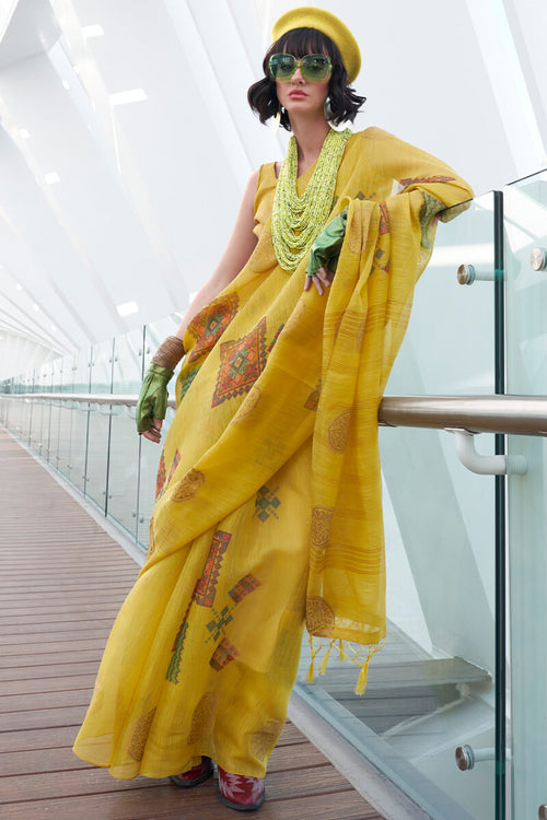 Load image into Gallery viewer, Tempting Yellow Digital Printed Tissue Silk Saree With Pleasurable Blouse Piece
