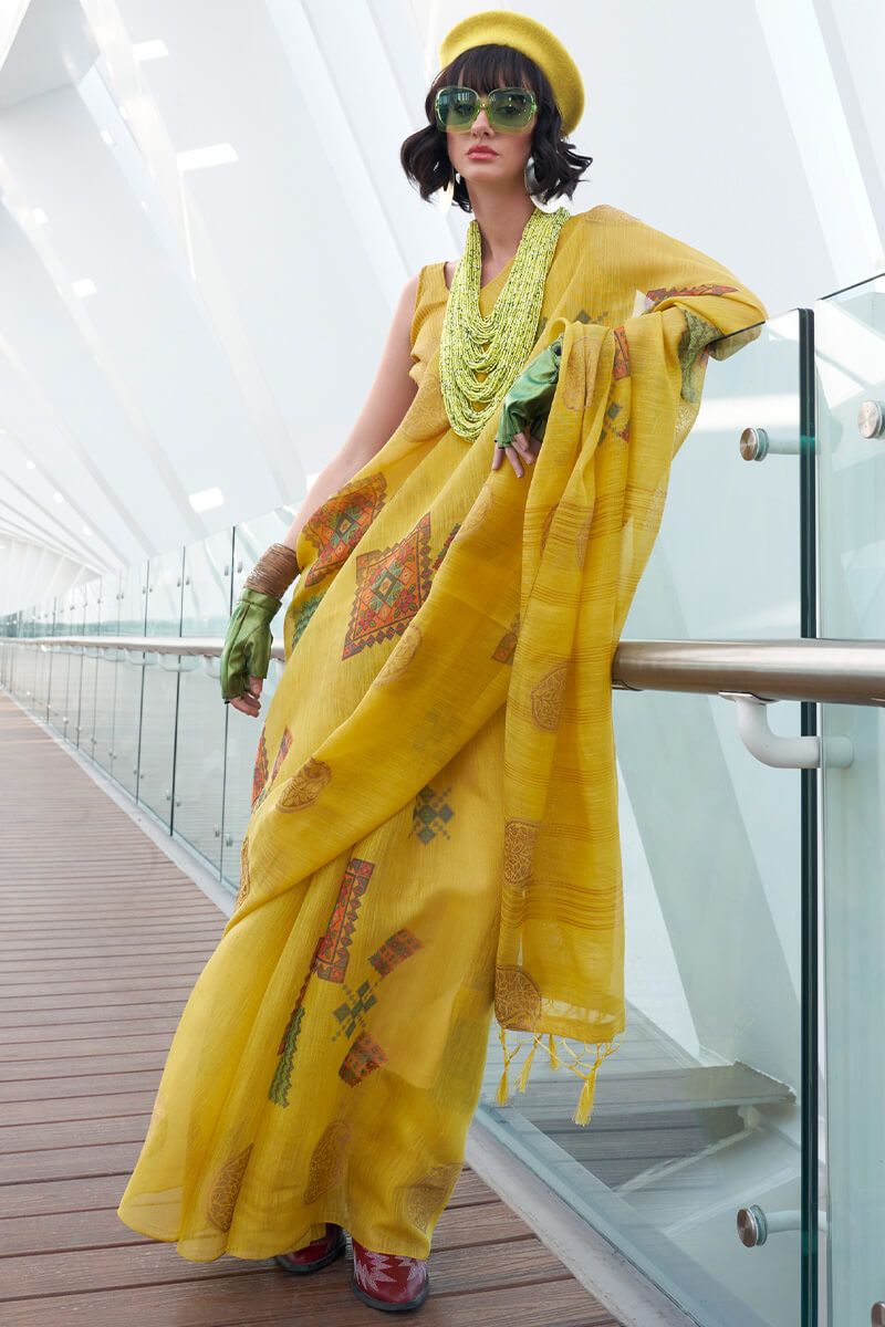 Tempting Yellow Digital Printed Tissue Silk Saree With Pleasurable Blouse Piece