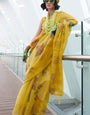 Tempting Yellow Digital Printed Tissue Silk Saree With Pleasurable Blouse Piece