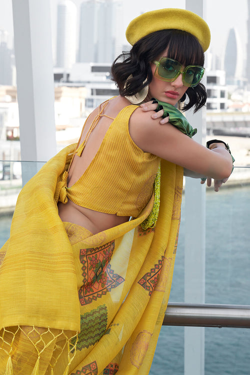 Load image into Gallery viewer, Tempting Yellow Digital Printed Tissue Silk Saree With Pleasurable Blouse Piece
