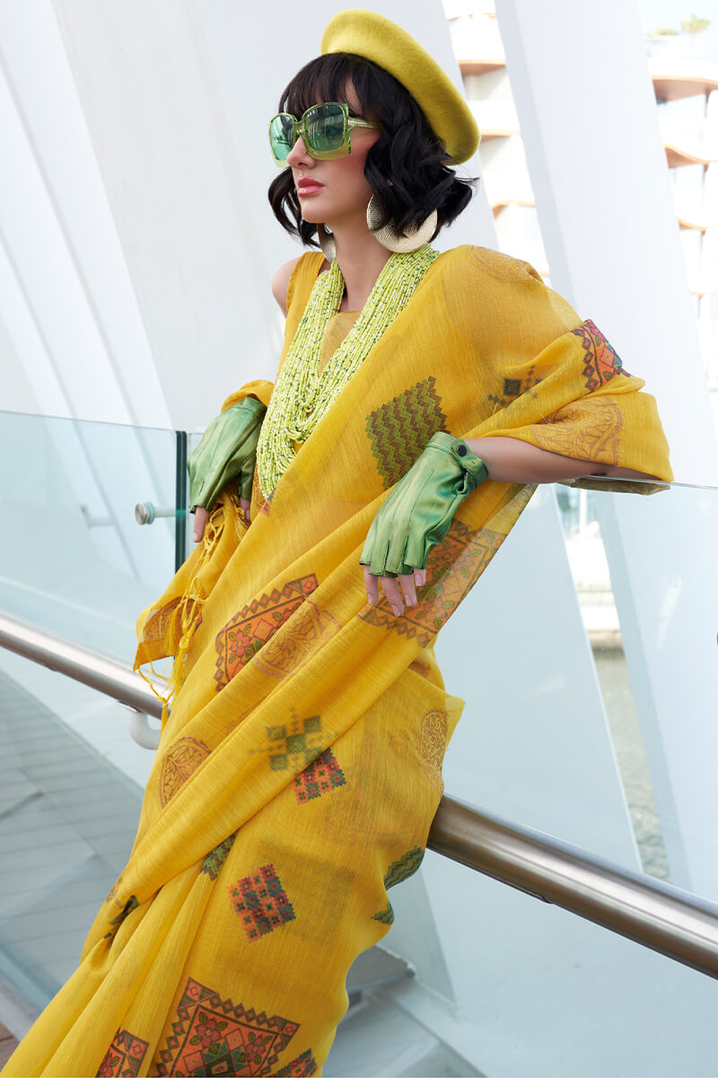 Tempting Yellow Digital Printed Tissue Silk Saree With Pleasurable Blouse Piece