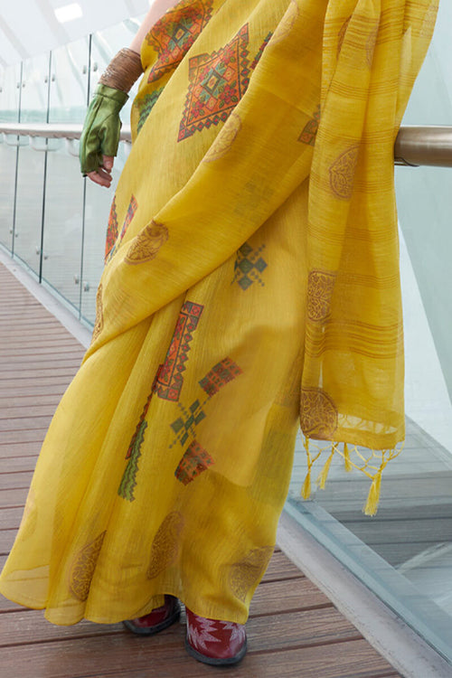 Load image into Gallery viewer, Tempting Yellow Digital Printed Tissue Silk Saree With Pleasurable Blouse Piece
