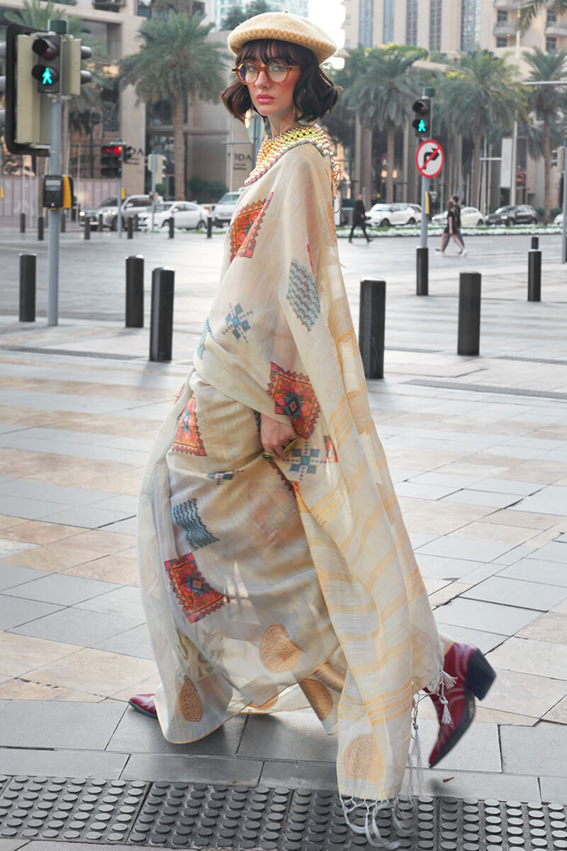 Prodigal Grey Digital Printed Tissue Silk Saree With Murmurous Blouse Piece