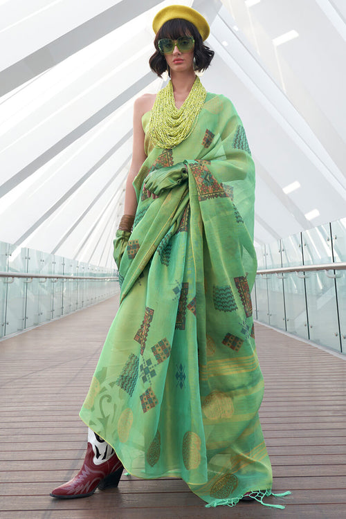 Load image into Gallery viewer, Elaborate Green Digital Printed Tissue Silk Saree With Epiphany Blouse Piece
