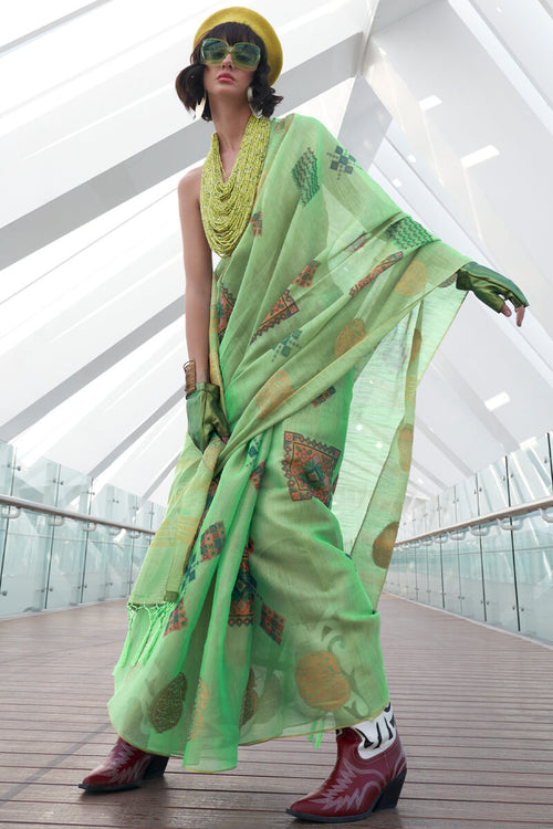 Load image into Gallery viewer, Elaborate Green Digital Printed Tissue Silk Saree With Epiphany Blouse Piece
