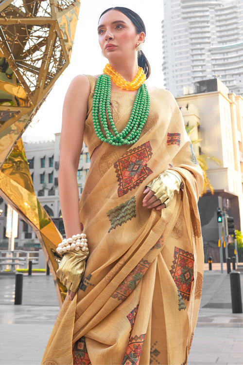 Load image into Gallery viewer, Tremendous Dark Beige Digital Printed Tissue Silk Saree With Desultory Blouse Piece
