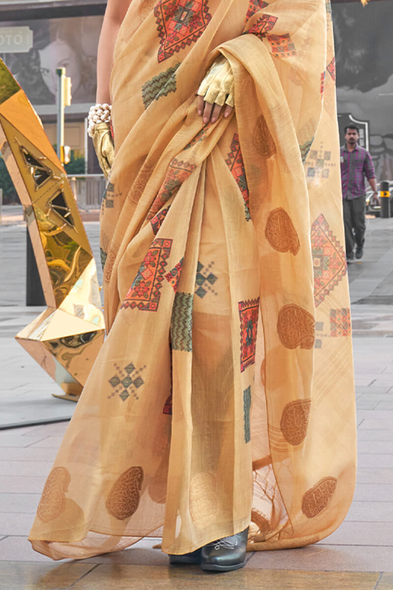 Tremendous Dark Beige Digital Printed Tissue Silk Saree With Desultory Blouse Piece