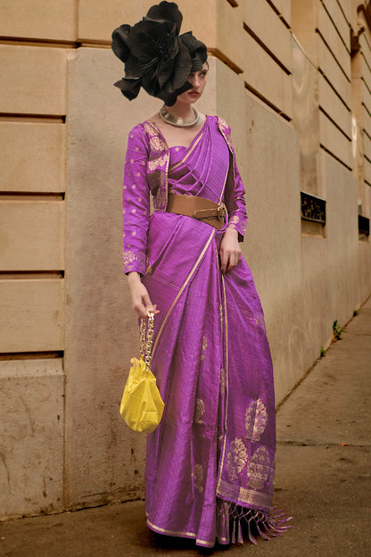 Eclat Lavender Banarasi Satin Silk Saree With Flameboyant Blouse
