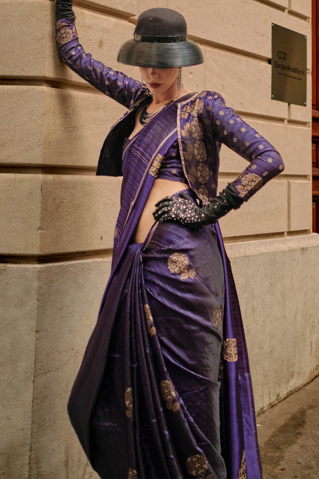 Divine Navy Blue Banarasi Satin Silk Saree With Eloquence Blouse