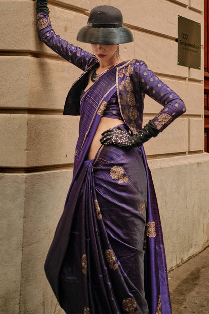 Divine Navy Blue Banarasi Satin Silk Saree With Eloquence Blouse