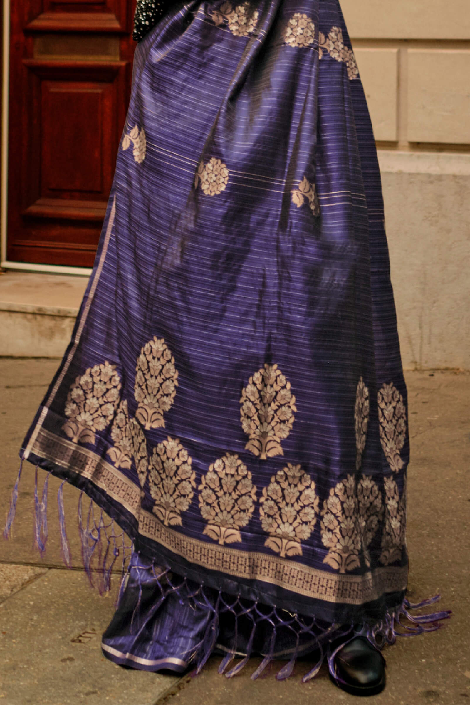 Divine Navy Blue Banarasi Satin Silk Saree With Eloquence Blouse