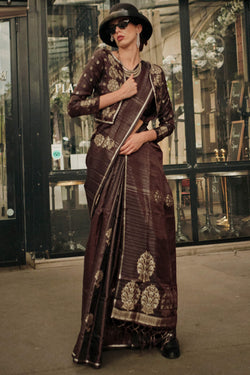 Engrossing Brown Banarasi Satin Silk Saree With Moiety Blouse
